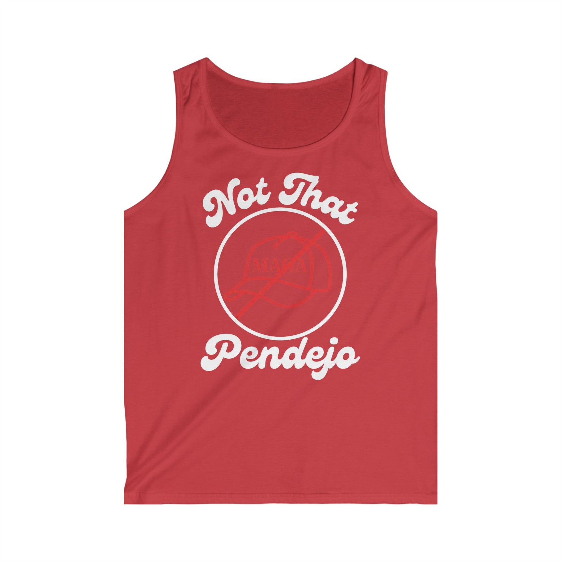Red tank top with "Not That Pendejo" text and a hat graphic.