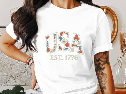 USA EST. 1776 Floral Design Graphic T-shirt product type