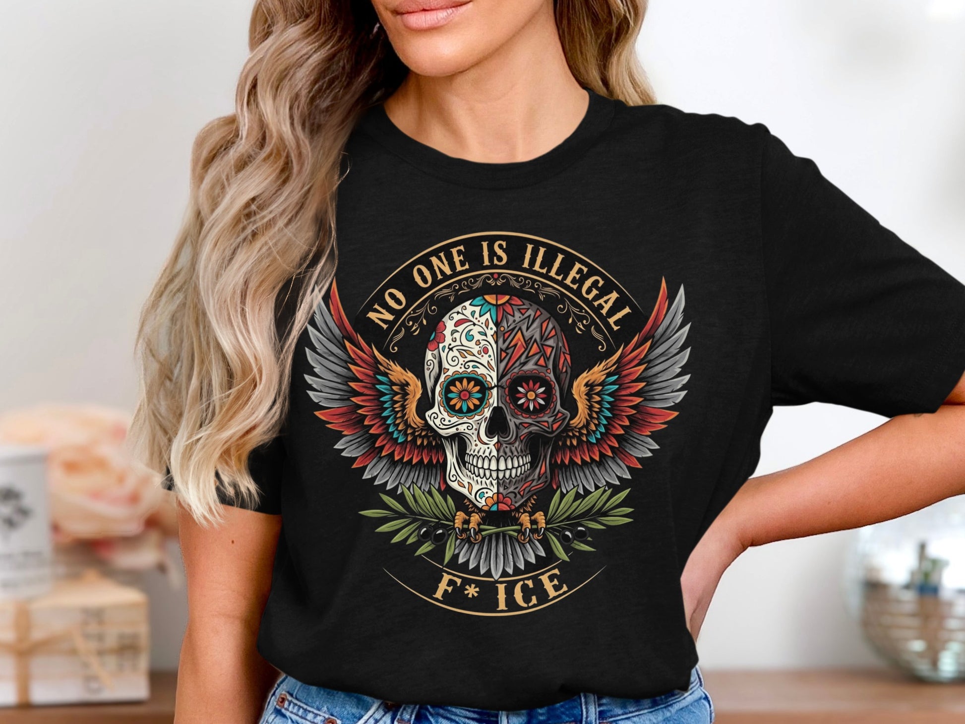 Skull with Wings No One is Illegal F ICE T-shirt Product