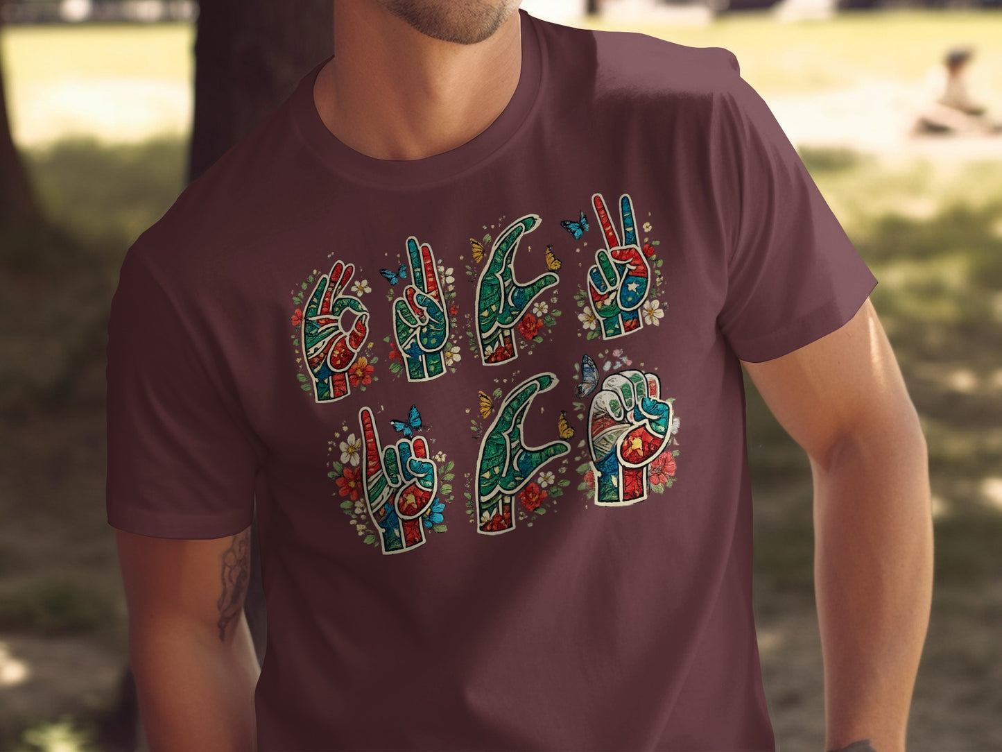 Colorful Hand Symbols with Butterfly Design T-shirt
