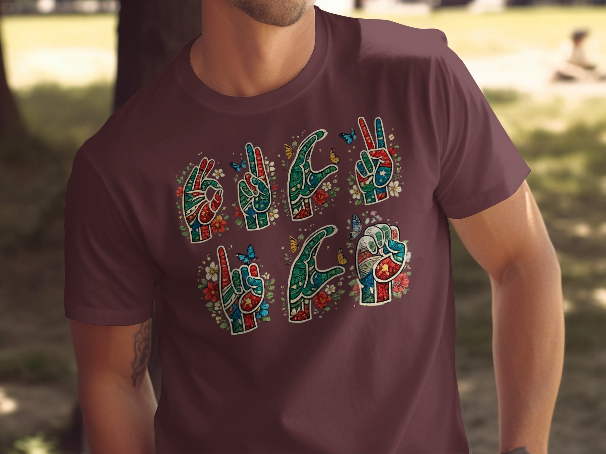 Colorful Hand Symbols with Butterfly Design T-shirt