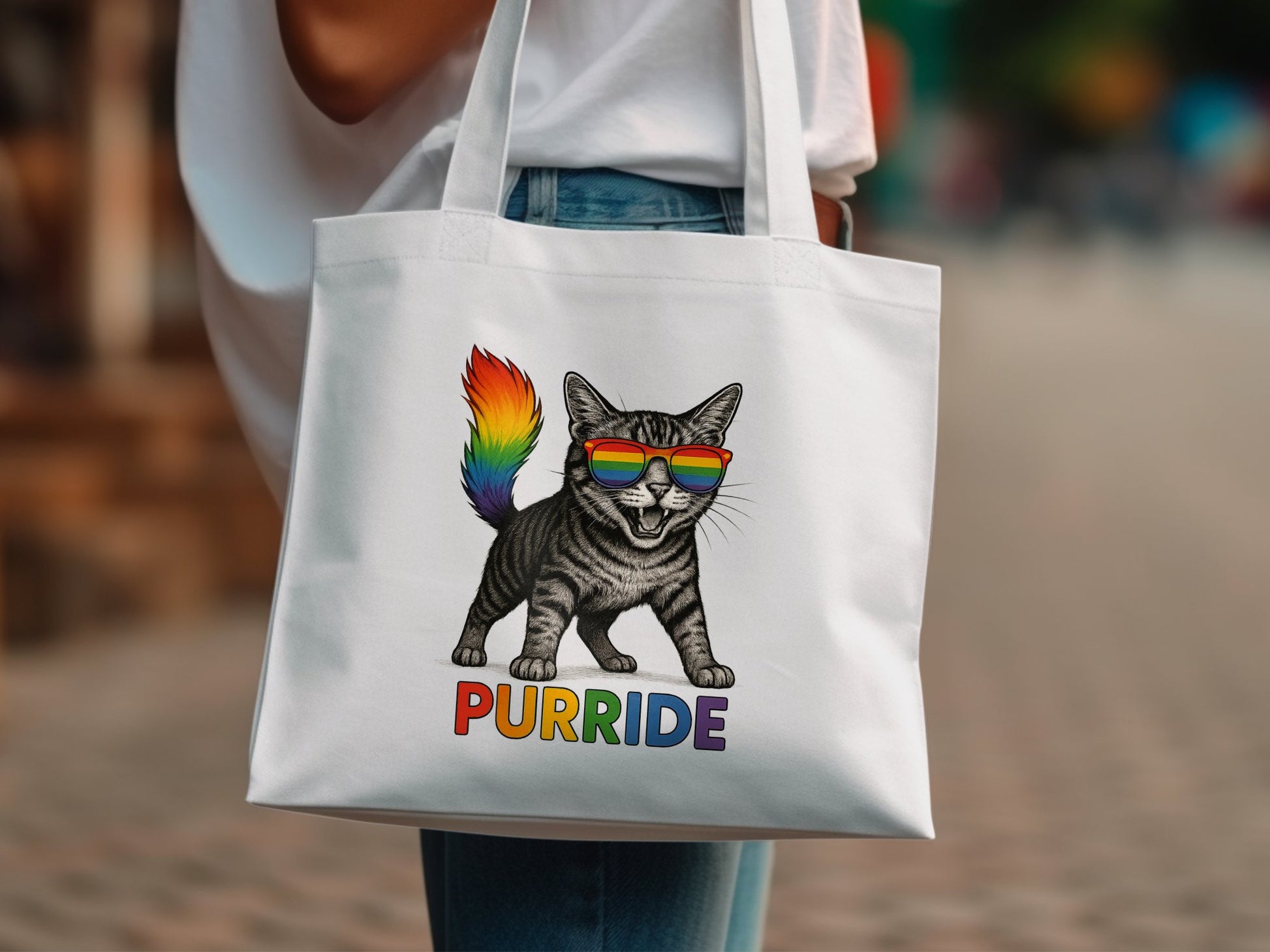 Rainbow Sunglasses Cat Purride Tote Bag product