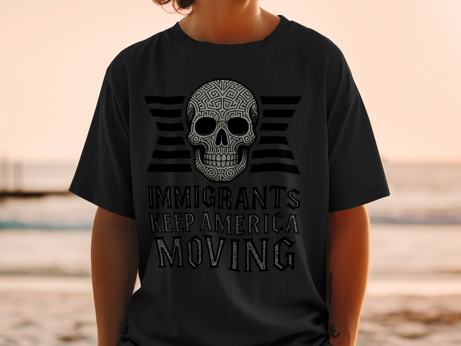 Immigrants Keep America Moving Skull Graphic Shirt