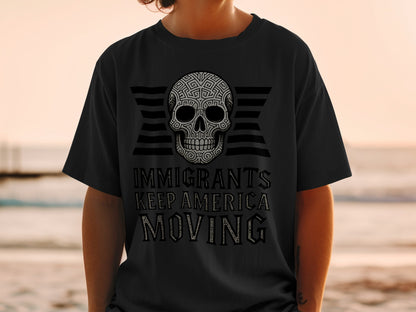 Immigrants Keep America Moving Skull Graphic Shirt