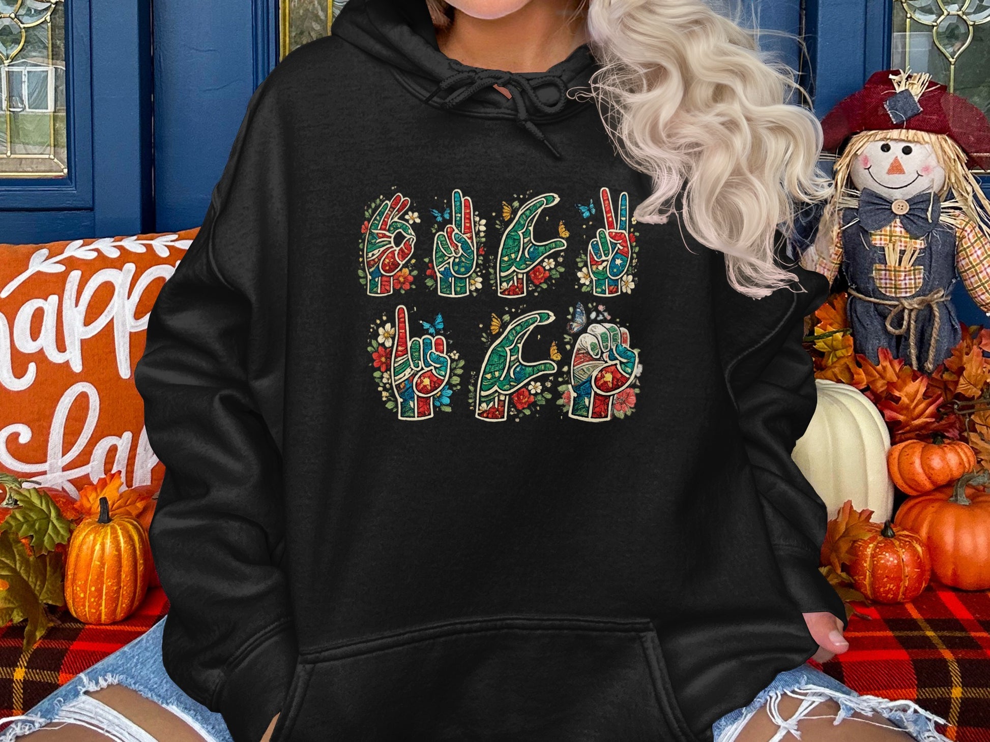 Colorful Sign Language Flowers and Peace Hoodie