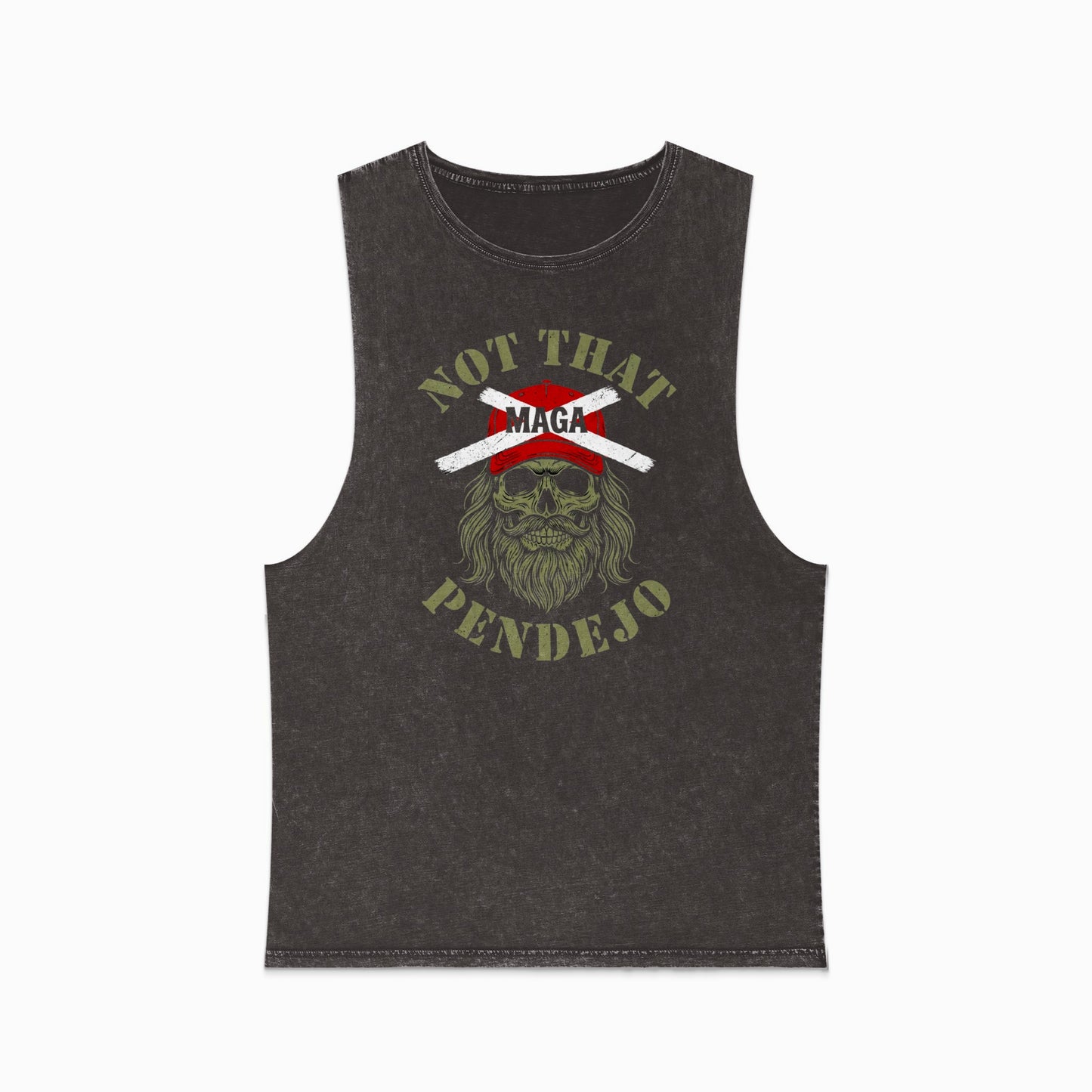 Dark grey sleeveless shirt with a graphic featuring a skull, a bandana, and the text "NOT THAT MAGA PENDEJO".