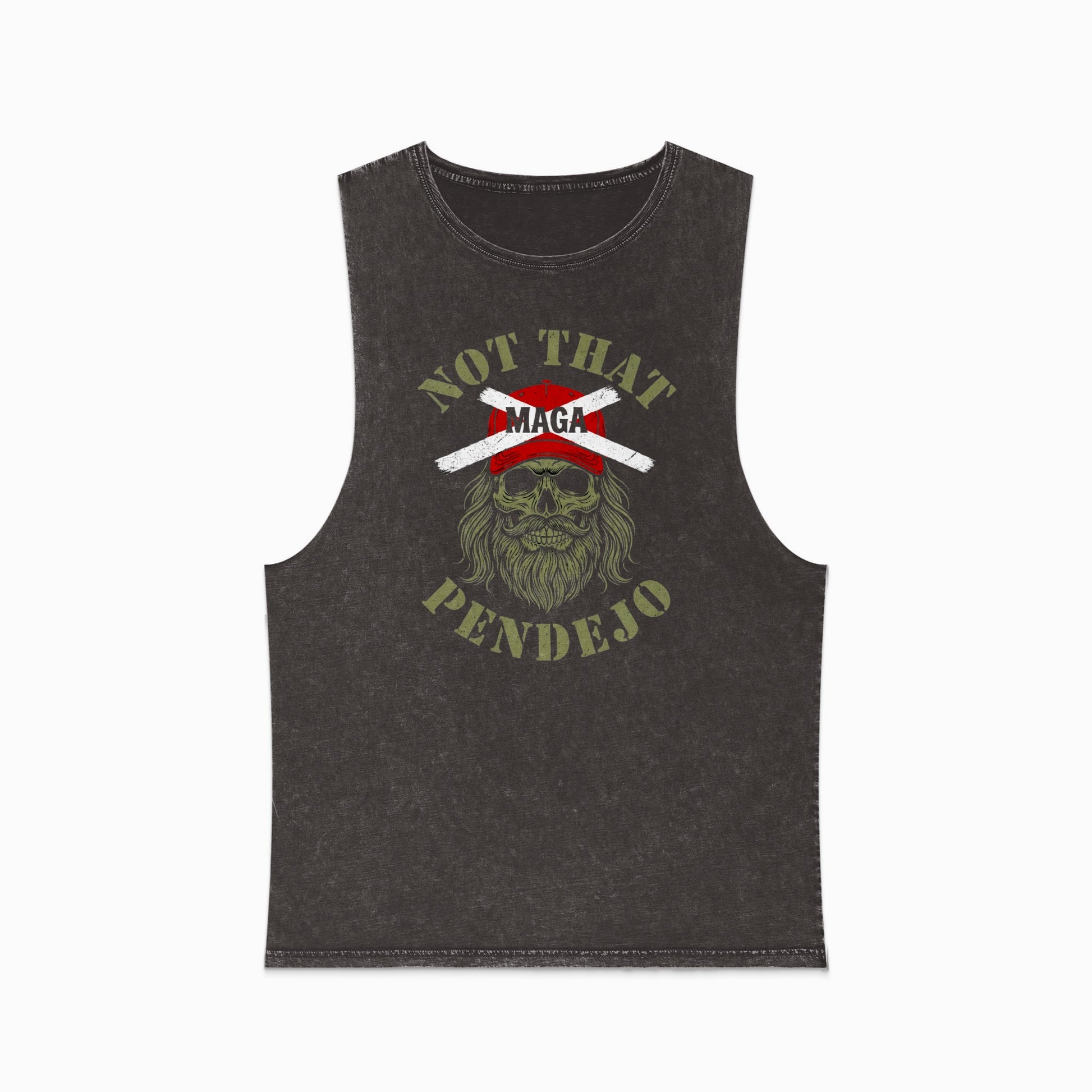 Dark grey sleeveless shirt with a graphic featuring a skull, a bandana, and the text "NOT THAT MAGA PENDEJO".