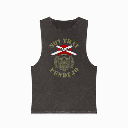 Dark grey sleeveless shirt with a graphic featuring a skull, a bandana, and the text "NOT THAT MAGA PENDEJO".
