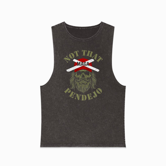 Dark grey sleeveless shirt with a graphic featuring a skull, a bandana, and the text "NOT THAT MAGA PENDEJO".