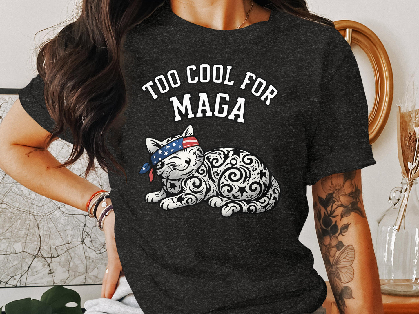 Too Cool for MAGA Cat T-Shirt Fun Graphic Top Product