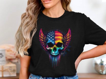 Colorful Patriotic Skull with Wings Black T-shirt product