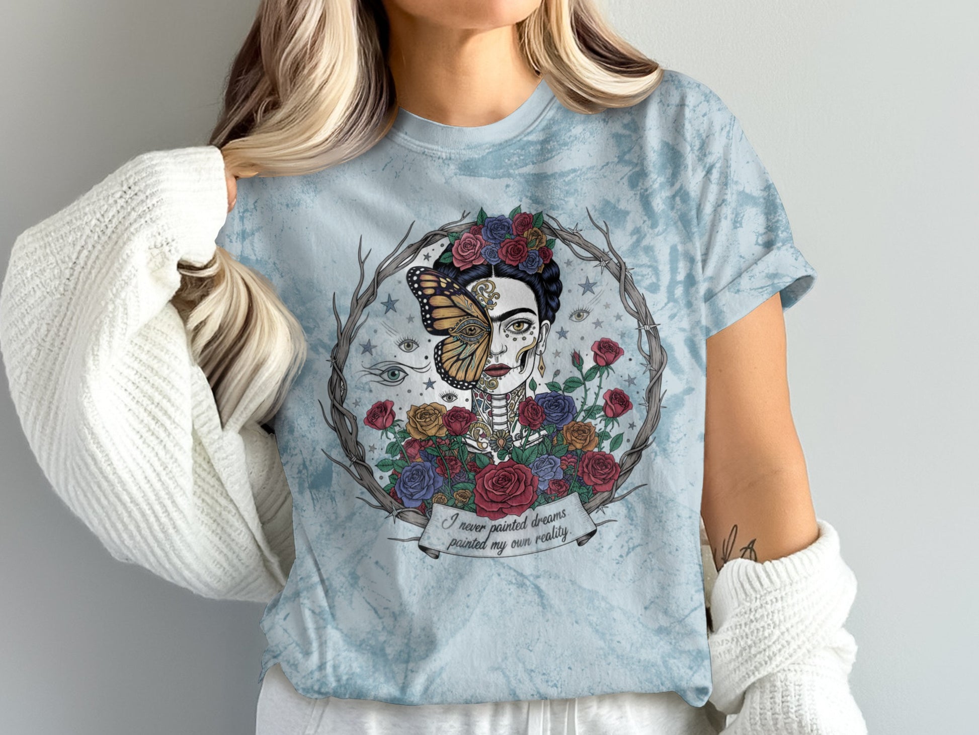 Artistic Floral and Butterfly Graphic T-shirt
