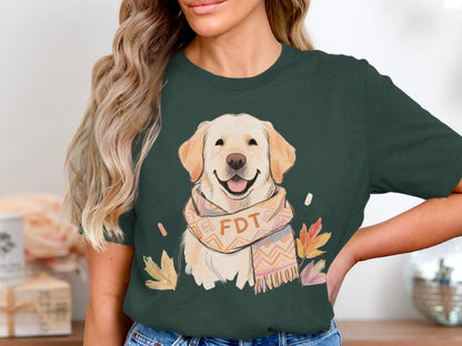 Smiling Dog with FDT Scarf and Autumn Leaves Shirt