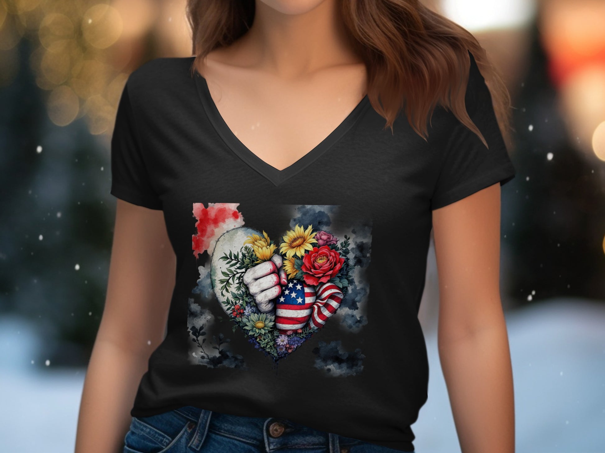 Patriotic Heart and Flower Graphic V Neck T-Shirt product type