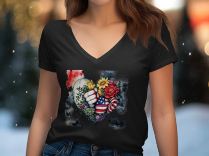 Patriotic Heart and Flower Graphic V Neck T-Shirt product type