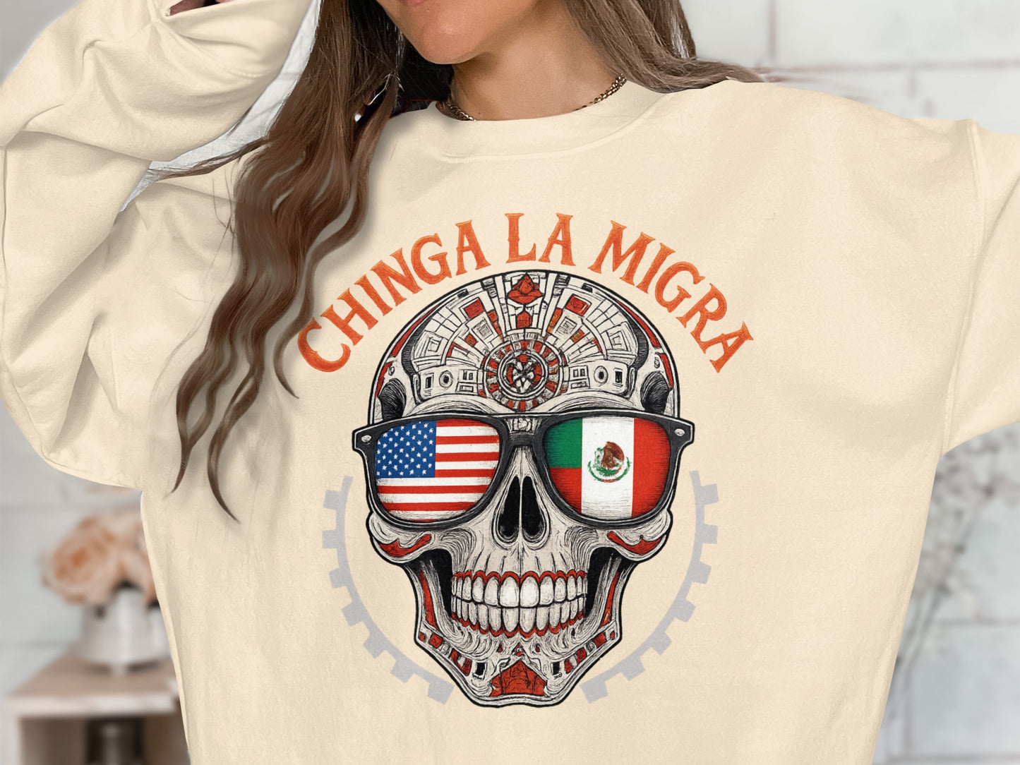 Chinga La Migra Skull USA and Mexico Flags Graphic Shirt