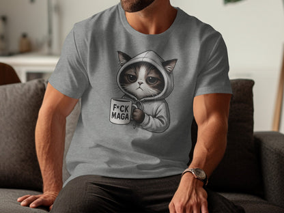 Cat in Hoodie with Funny Mug Graphic T-shirt