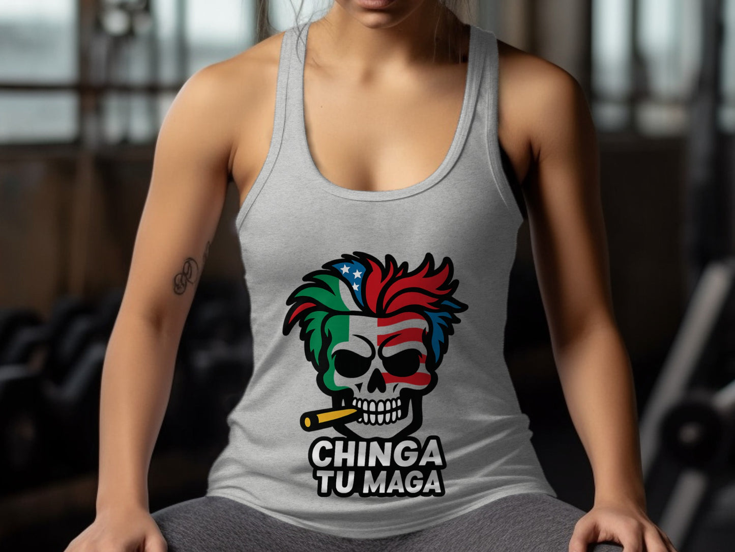 Chinga Tu Maga skull with cigar tank top