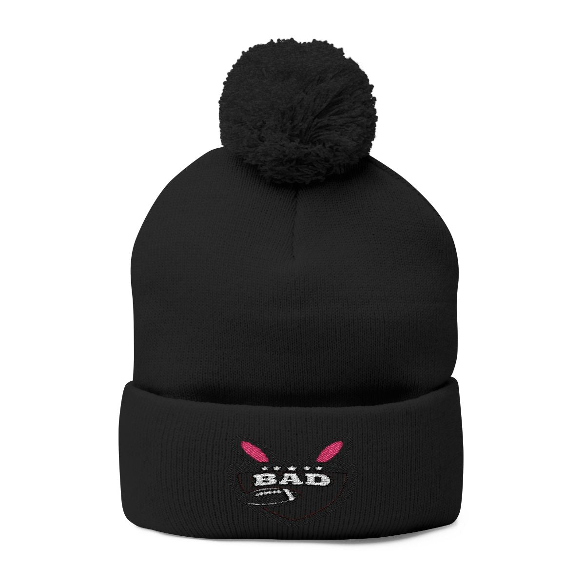Bad Bunny Embroidered Black Pom Pom Beanie Hat