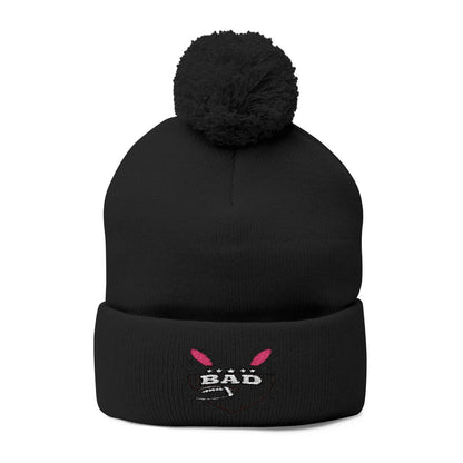 Bad Bunny Embroidered Black Pom Pom Beanie Hat
