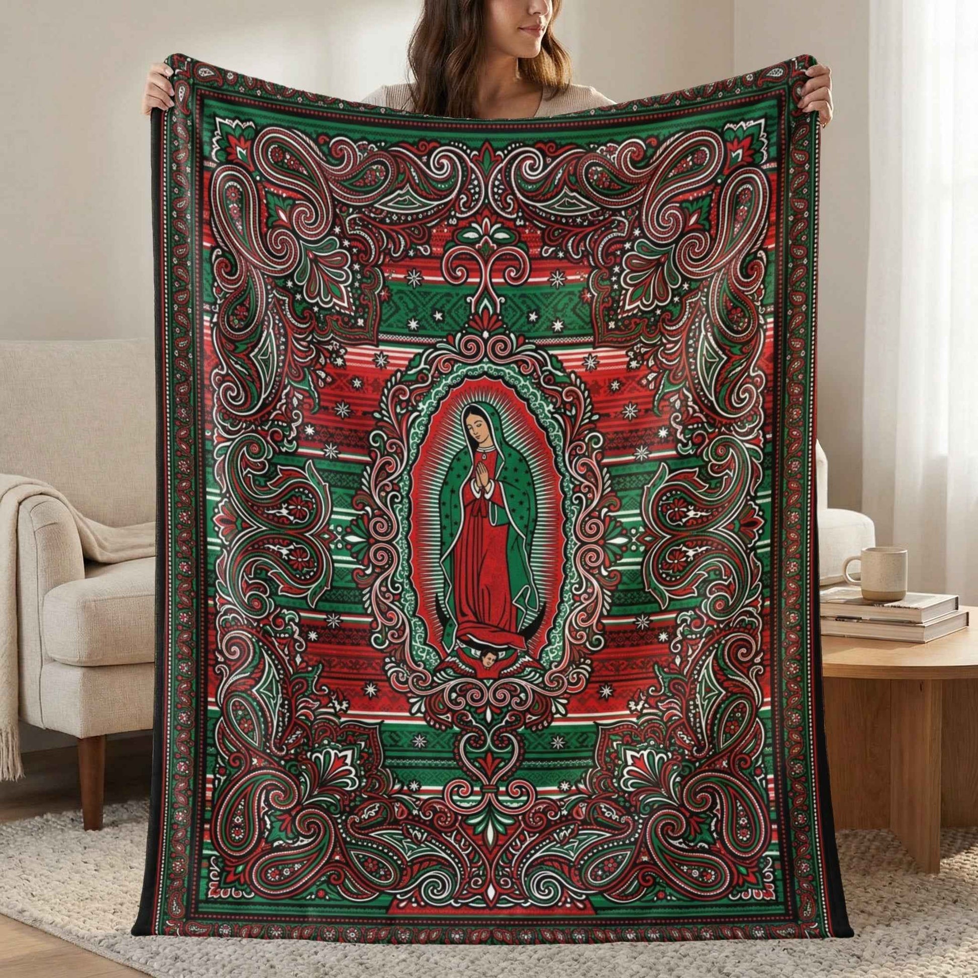 Our Lady of Guadalupe Blankets, Vibrant Red Green Paisley Design, Virgen De Guadalupe Folk Art, Mexican Inspired Throw, Sacred Blankets