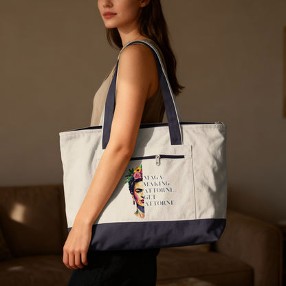 Tote bag featuring Frida Kahlo artwork and "MAGA: MAKING ATTORNEY GET ATTORNEY" text.