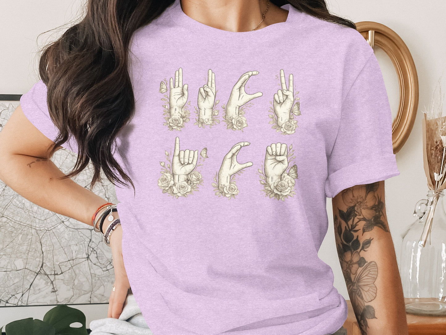Floral Hand Gesture Art Graphic Tee Shirt