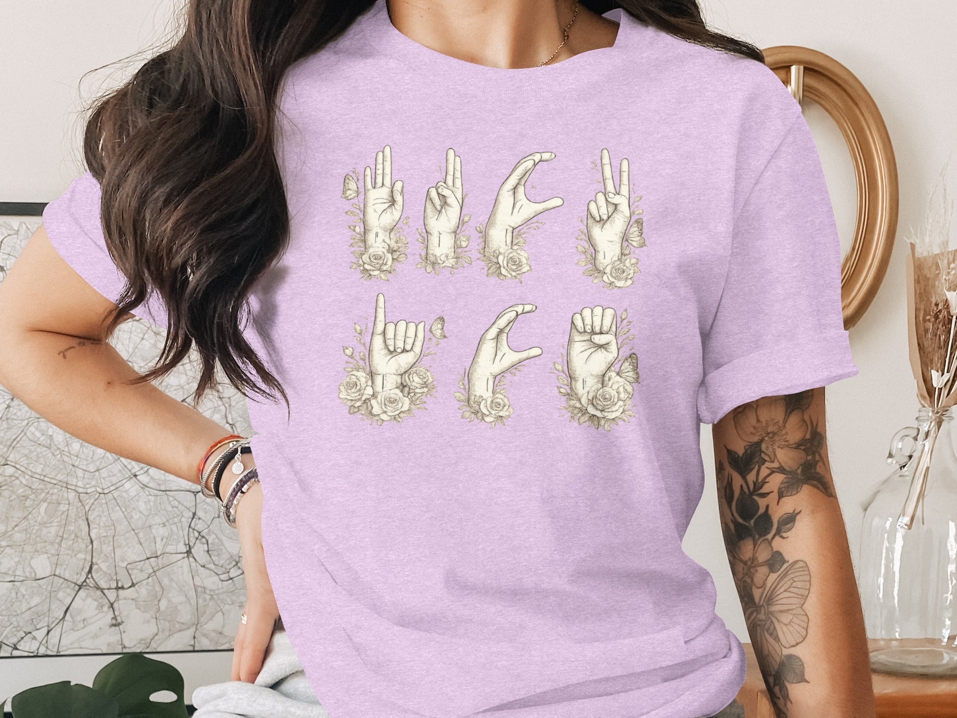 Floral Hand Gesture Art Graphic Tee Shirt
