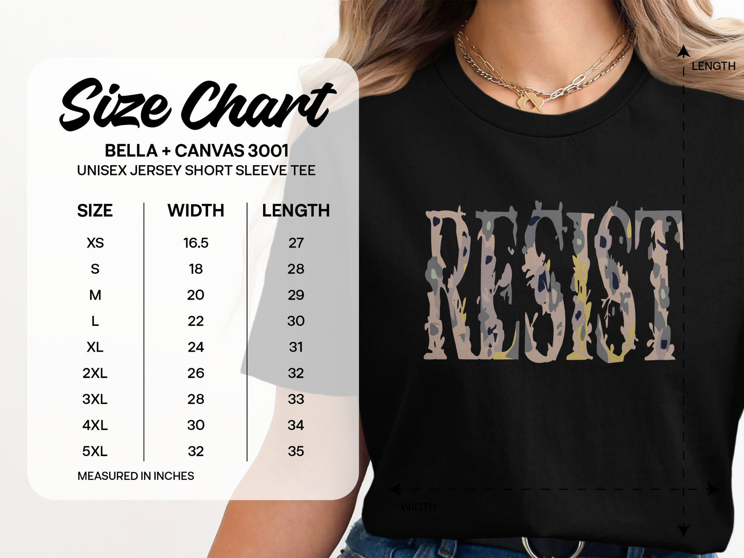 Resist Graphic Tee Shirt With Size Chart Shown