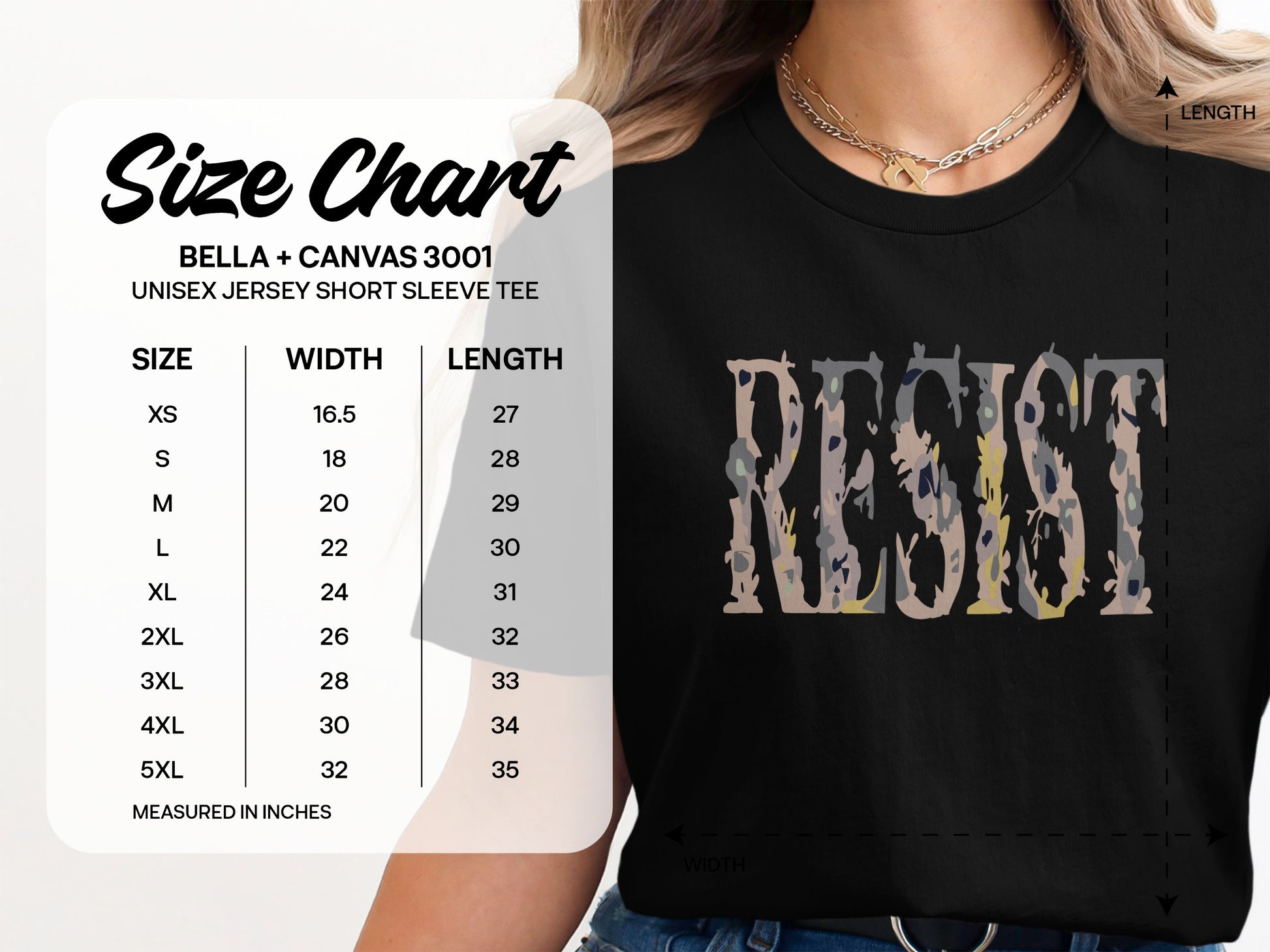 Resist Graphic Tee Shirt With Size Chart Shown