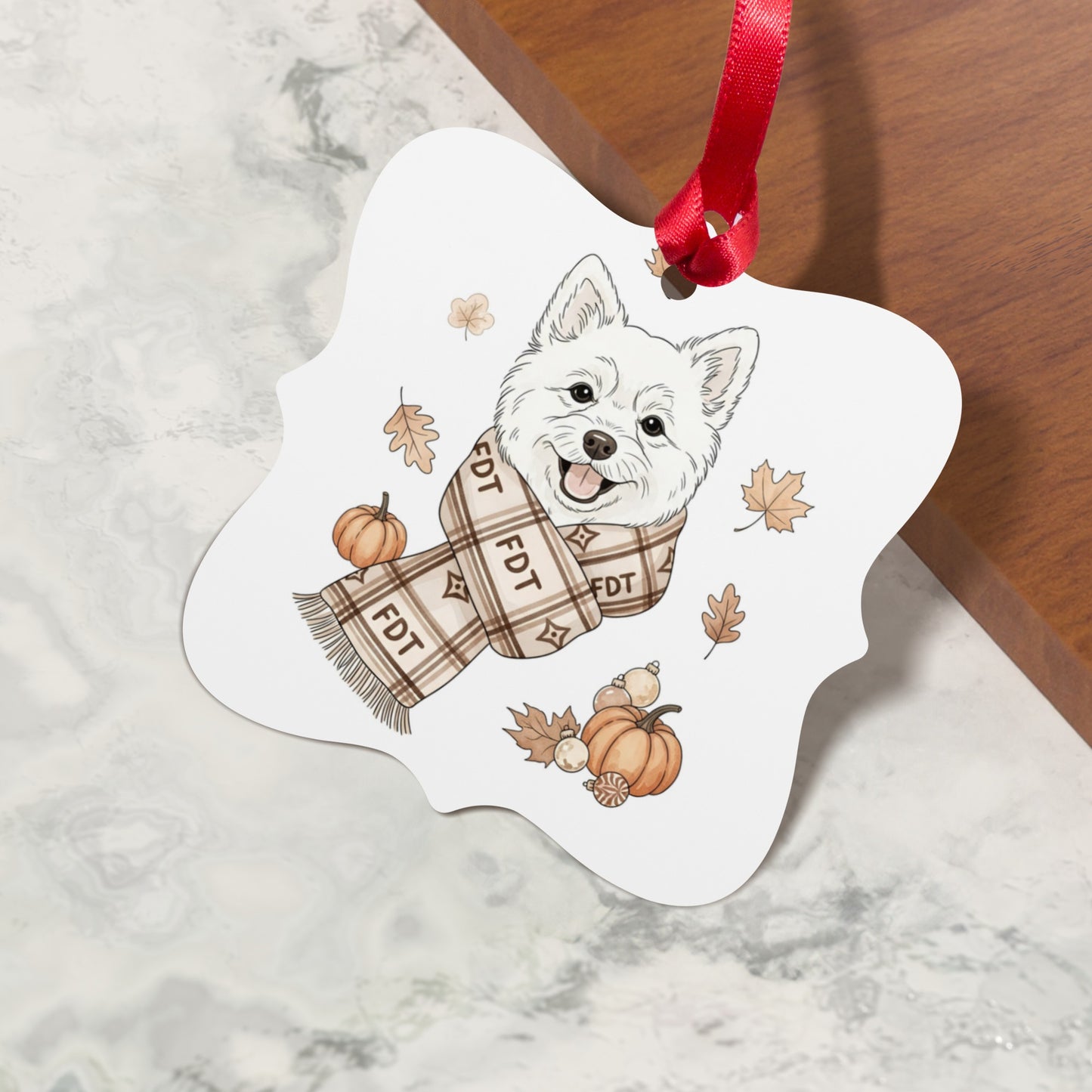 Adorable Dog with Scarf and Pumpkins Holiday Ornament