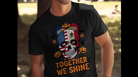 A person wearing a black t-shirt with a skull design and the text "TOGETHER WE SHINE" printed on it.