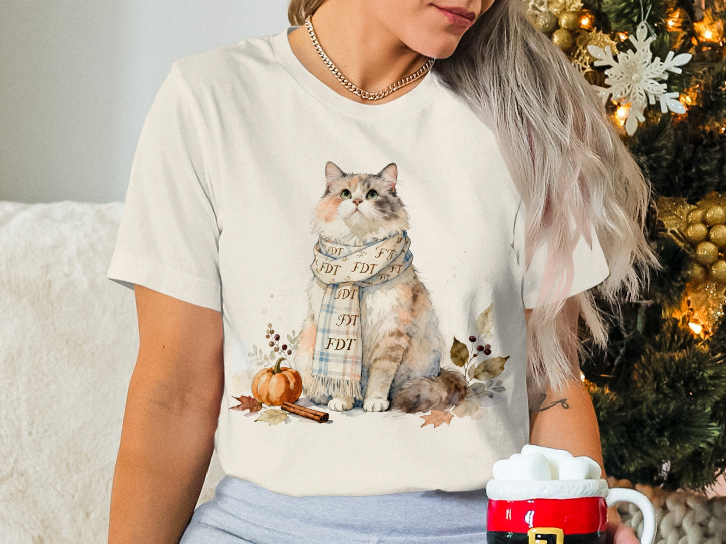 Cute Cat with Scarf Autumn Design T-Shirt Product