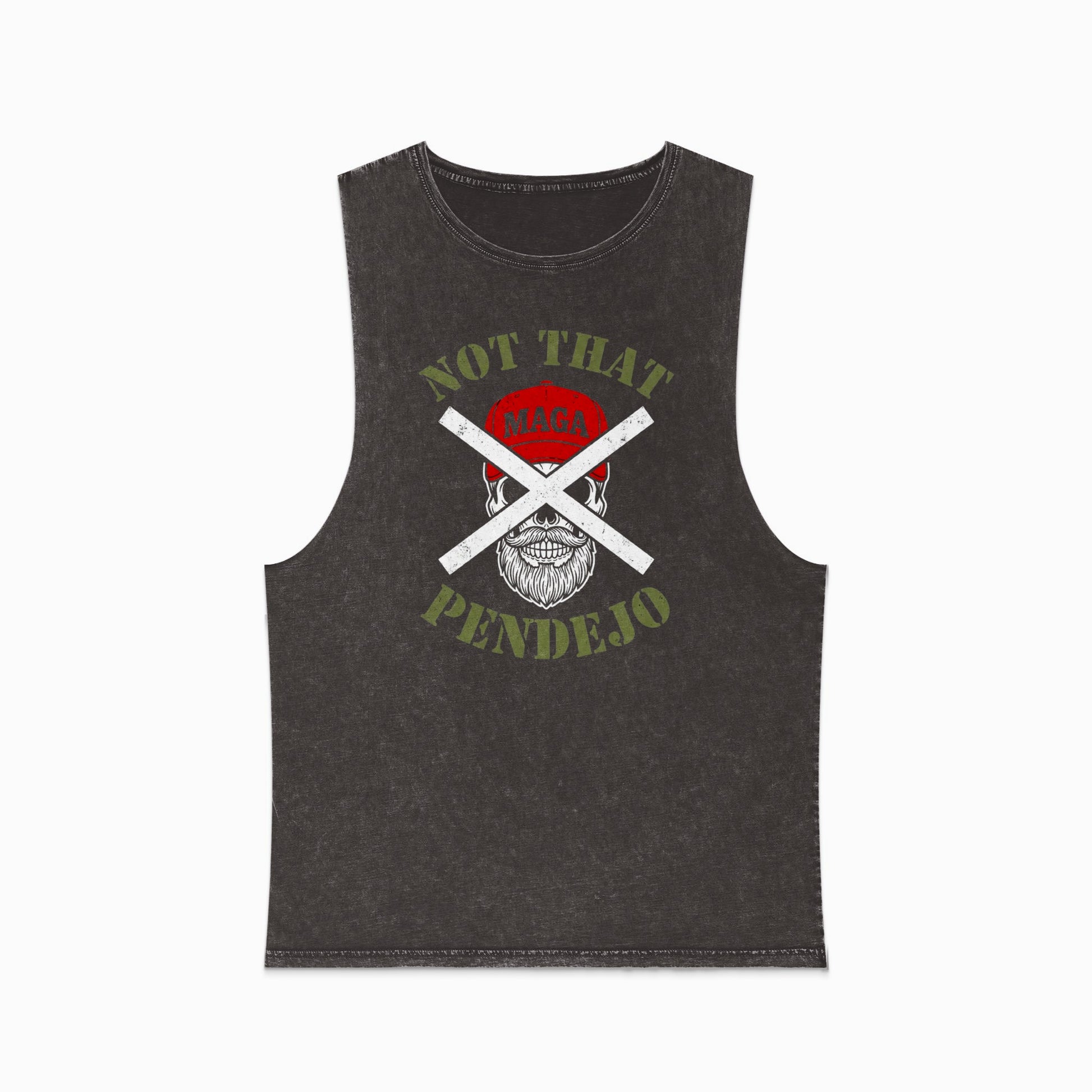 Dark charcoal muscle tank with "NOT THAT PENDEJO" graphic and crossed bandanas over a skull.