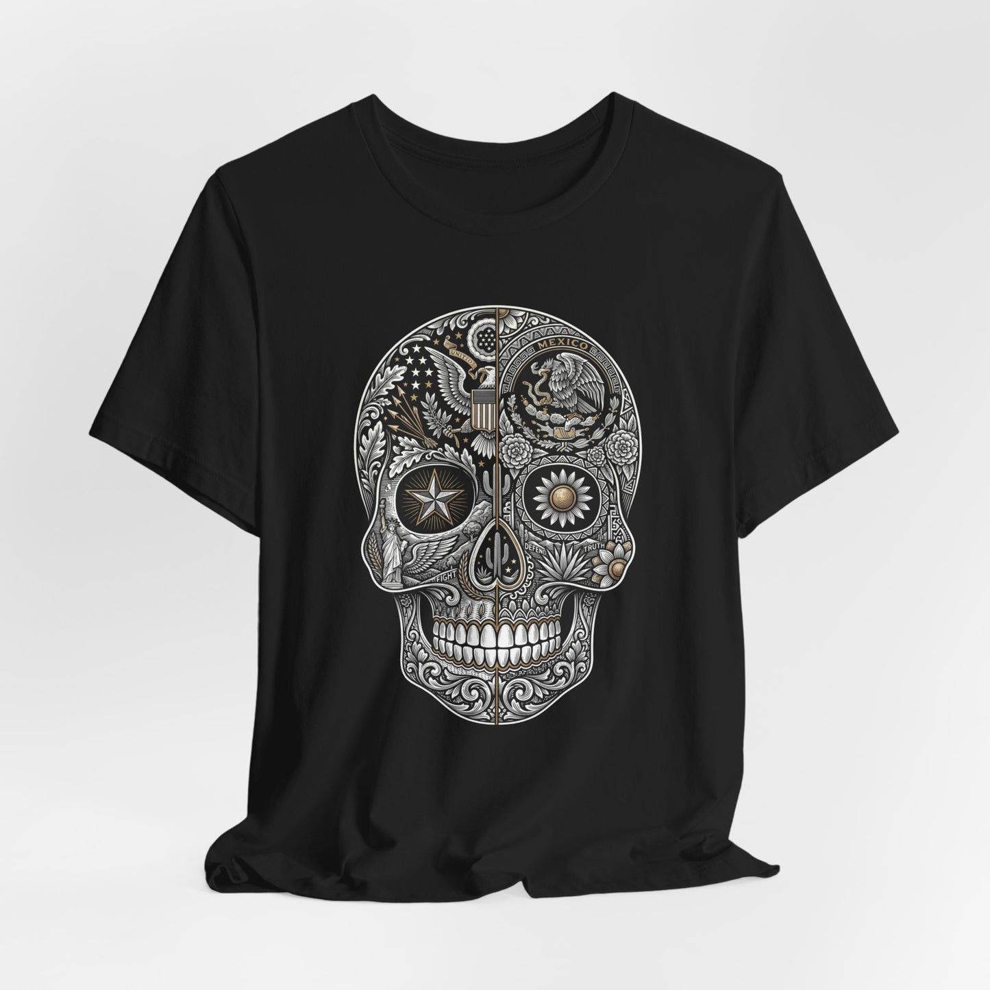 Skull adorned with US and Mexican national symbols on a black t-shirt.