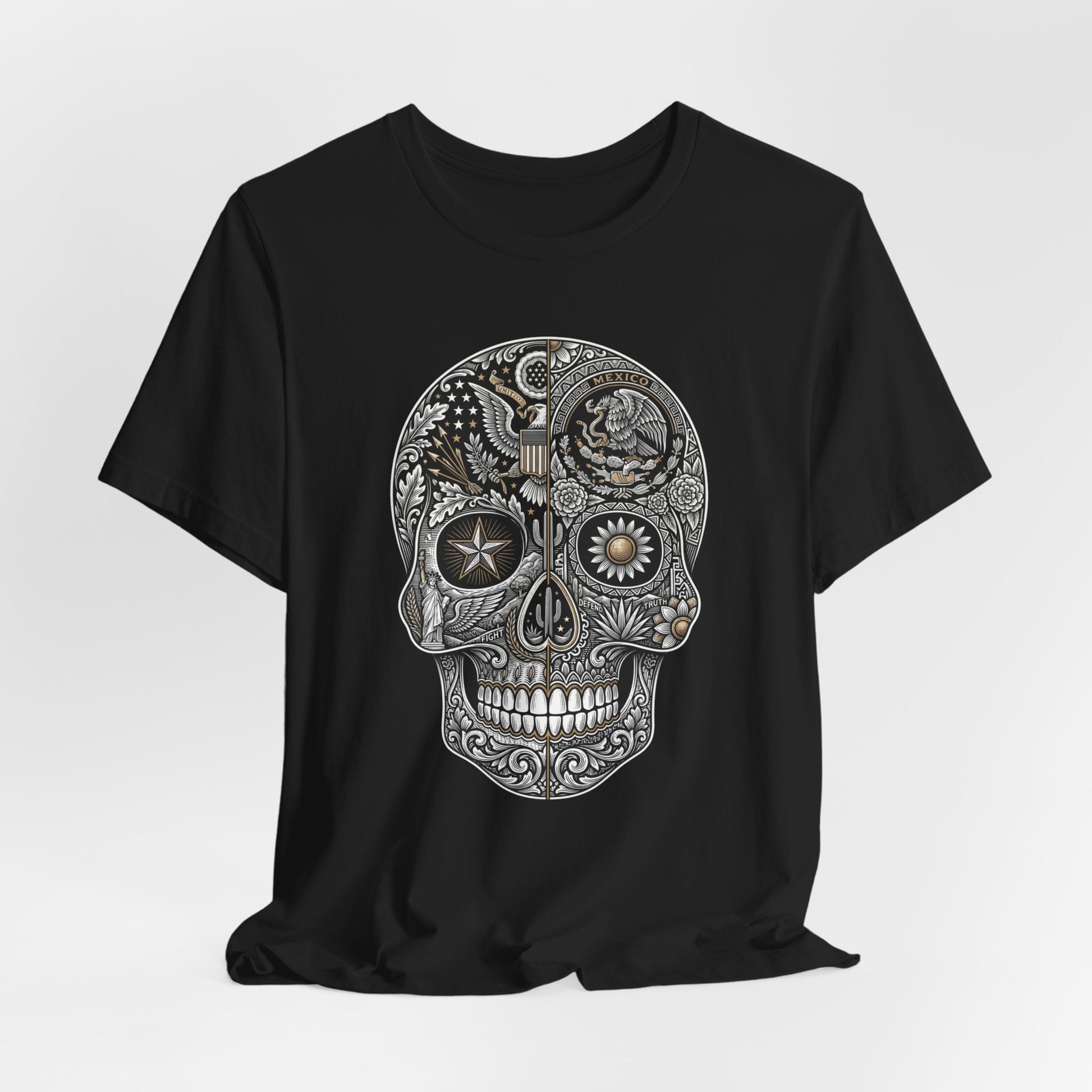 Skull adorned with US and Mexican national symbols on a black t-shirt.