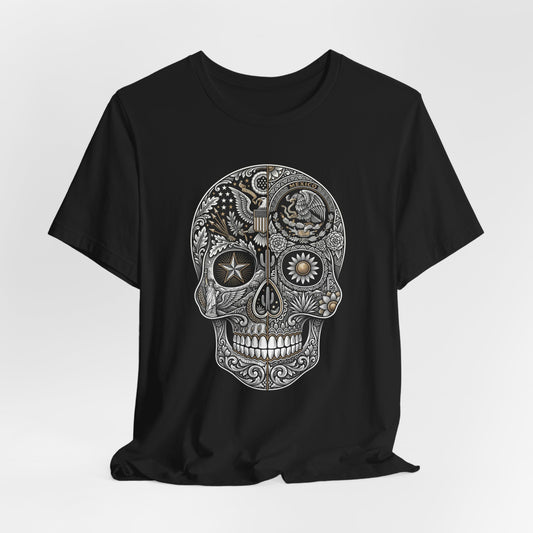 Skull adorned with US and Mexican national symbols on a black t-shirt.