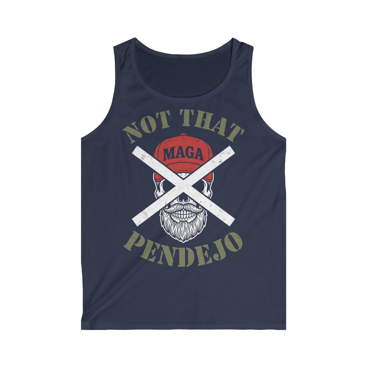 Skull with crossed bones, "NOT THAT MAGA PENDEJO" text on navy tank top.