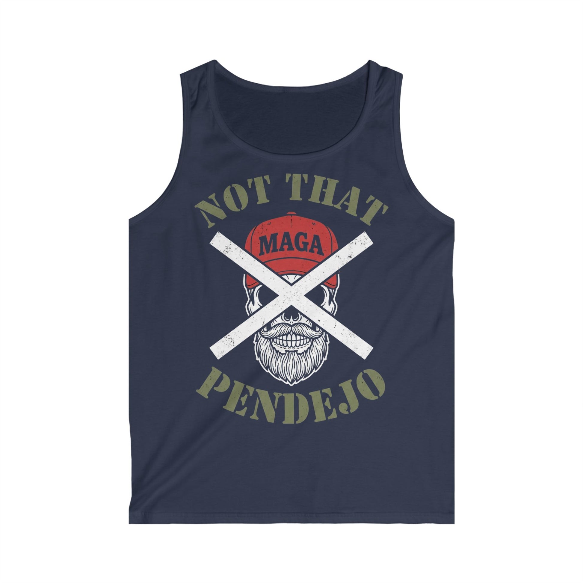 Skull with crossed bones, "NOT THAT MAGA PENDEJO" text on navy tank top.