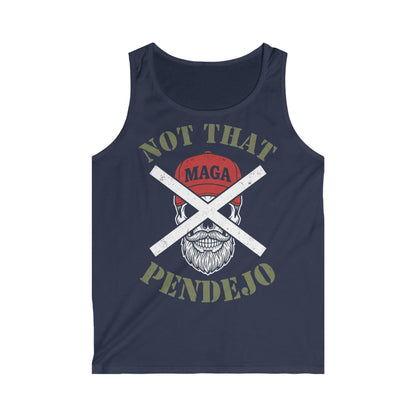 Skull with crossed bones, "NOT THAT MAGA PENDEJO" text on navy tank top.