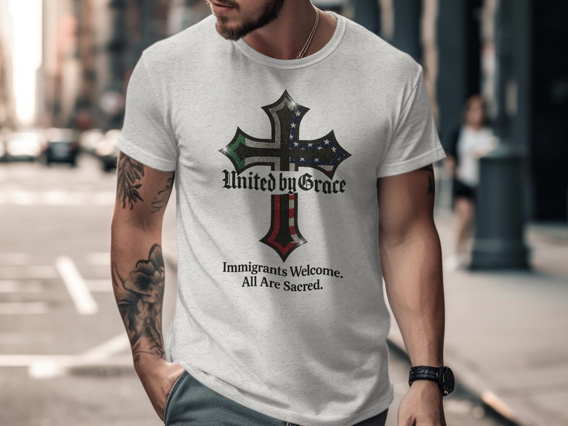 United by Grace Cross Immigrants Welcome Sacred product type