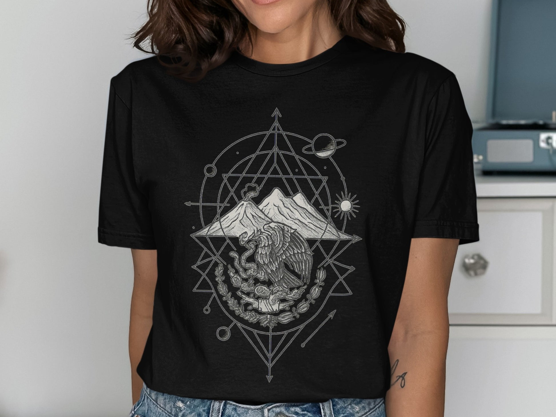 Mountain and Astronaut Design on Black T-Shirt Product