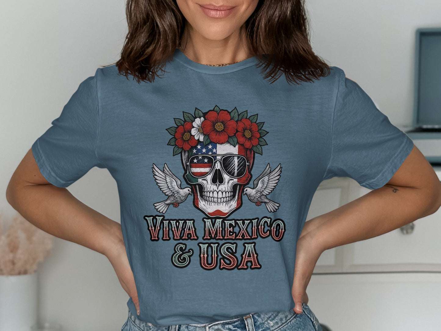 Viva Mexico and USA Skull with Flowers T-shirt product