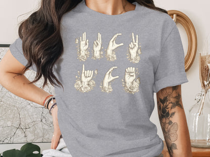 Hand Gesture Illustrated Floral Graphic T-shirt