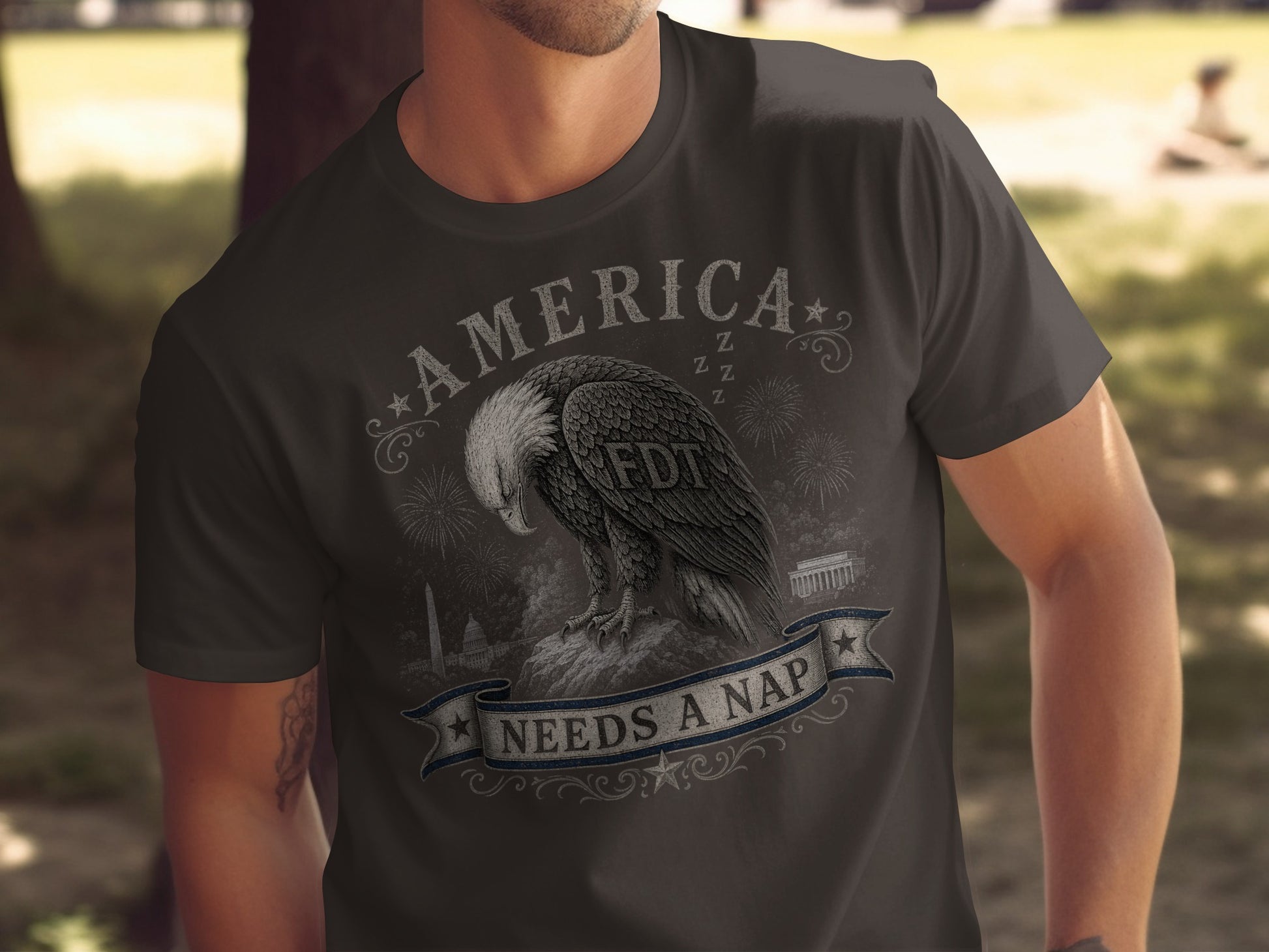Eagle resting on rocks with fireworks and Washington Monument graphic on shirt.
