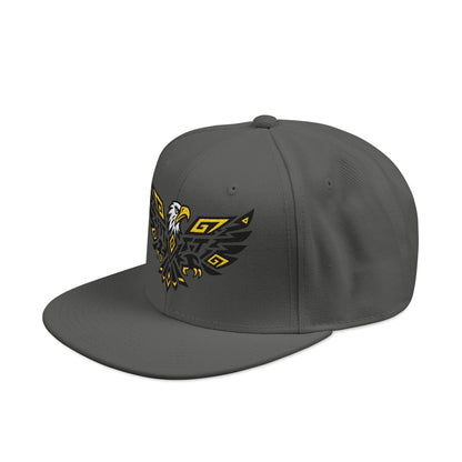 Gray baseball cap with a black and gold eagle graphic and text.