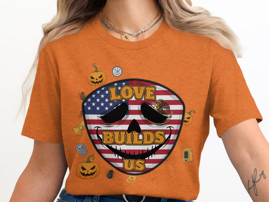Love Builds Us Skeleton Flag Graphic Tee product type