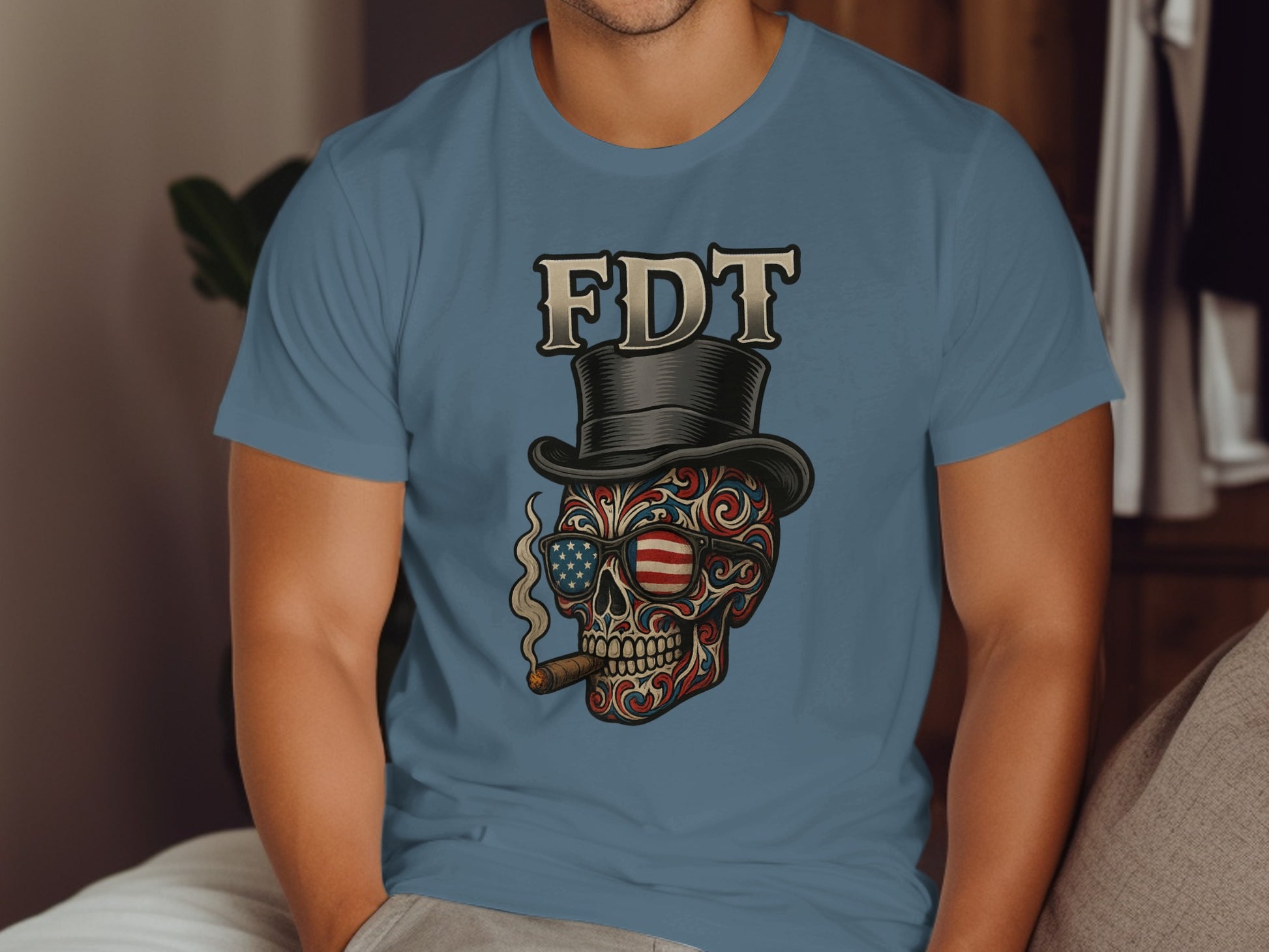 Patriotic Skull with Top Hat and Cigar Graphic T-shirt