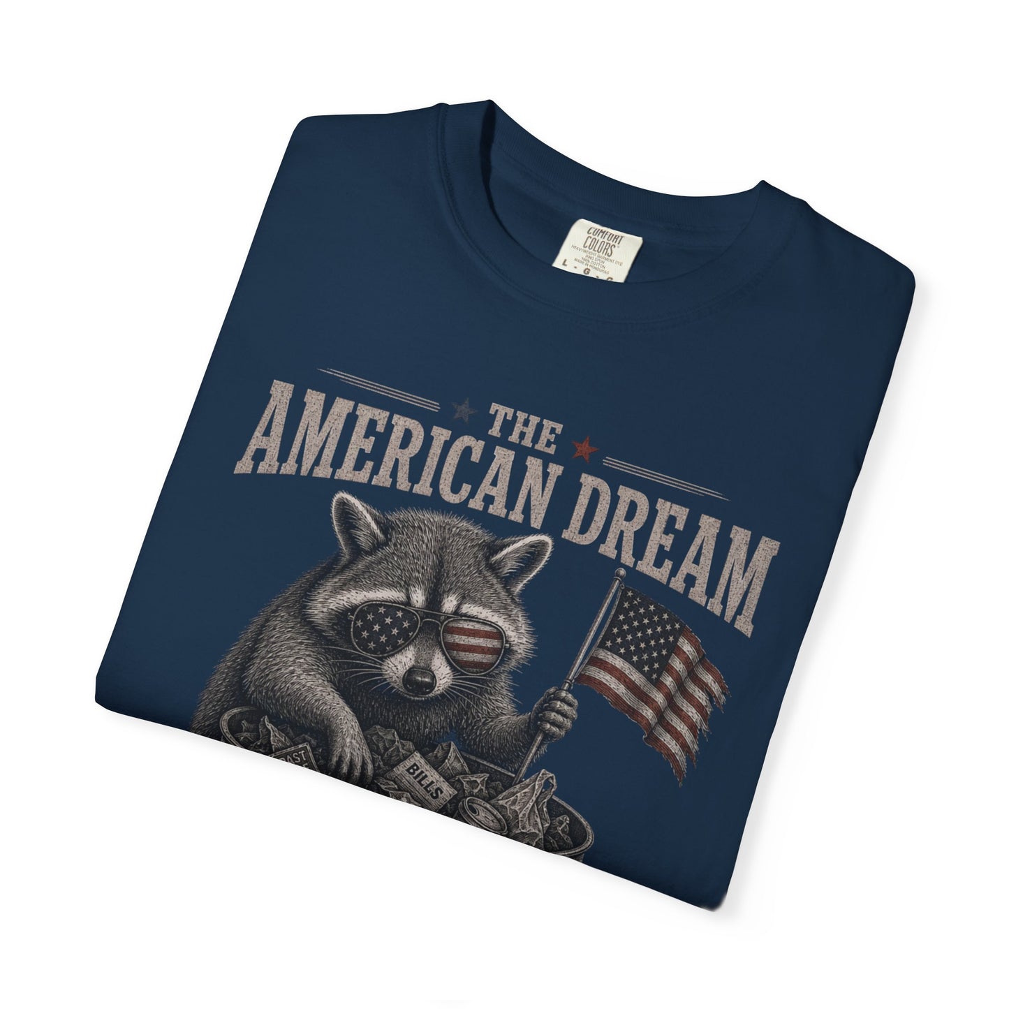 T-shirt with raccoon wearing sunglasses holding an American flag and pile of money.