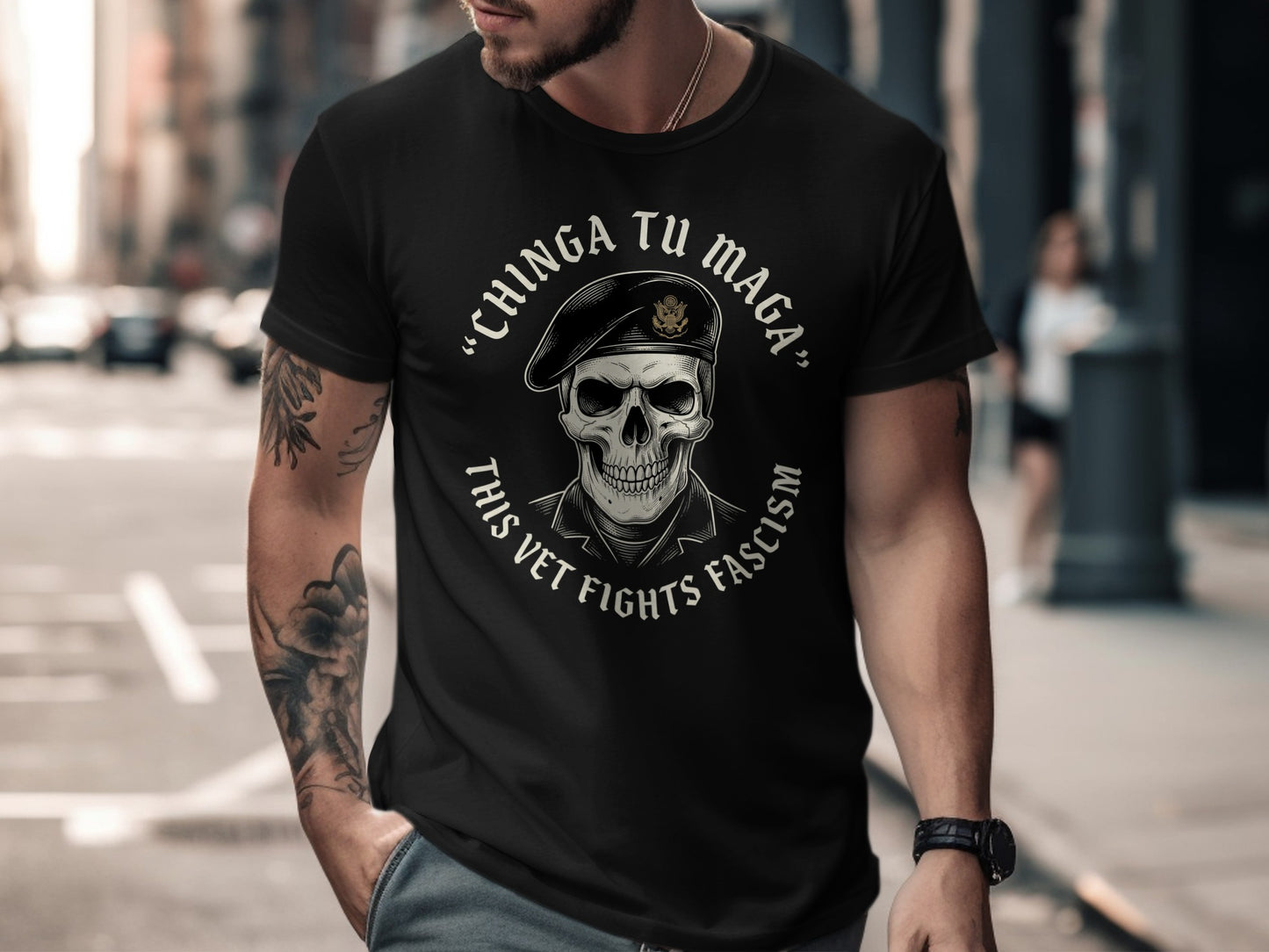 Black t-shirt with a skull and text "CHINGA TU MAGA THIS VET FIGHTS FASCISM".